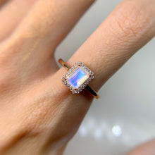 Load image into Gallery viewer, 5 x 7 mm. Octagon Cut White Indian Moonstone with Cz Halo Ring
