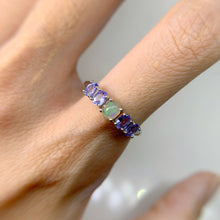 Load image into Gallery viewer, 4 x 5 mm. Oval Cabochon Multi-coloured Ethiopian Opal and Tanzanite Cluster Ring
