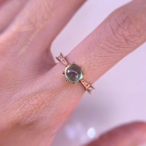 7 mm. Round Cabochon Green Brazilian Prehnite with Cz Accents Ring