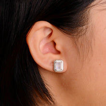 Load image into Gallery viewer, 5 x 7 mm. Octagon Cut White Indian Moonstone with Cz Halo Earrings
