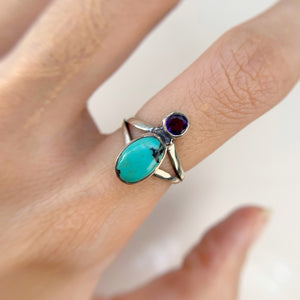 Handmade 6 x 10 mm. Oval Cabochon Blue Tibetan Turquoise and Amethyst Ring
