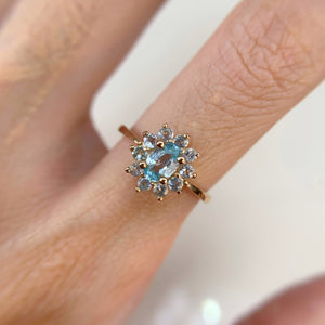 4 x 6 mm. Oval Cut Blue Cambodian Zircon and Topaz Cluster Ring