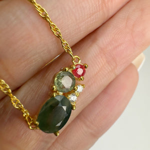 5 x 7 mm. Oval Cut Green Thai Sapphire with Cz Accents Cluster Necklace