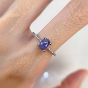 5 x 7 mm. Oval Cabochon Blue Violet Tanzanite with Cz Band Ring (Blemished)