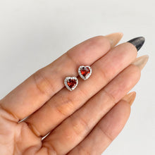 Load image into Gallery viewer, 5 mm. Heart Cut Red Mozambican Garnet with Cz Halo Earrings
