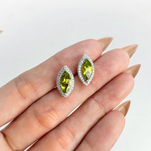 Load image into Gallery viewer, 5 x 10 mm. Marquise Cut Green Pakistani Peridot with Cz Halo Earrings
