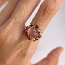 Load image into Gallery viewer, 10 mm. Oval Cabochon Pink African Rose Quartz with Tourmaline and Cz Accents Ring
