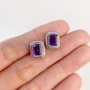 5 x 7 mm. Octagon Cut Purple Brazilian Amethyst with Cz Halo Earrings