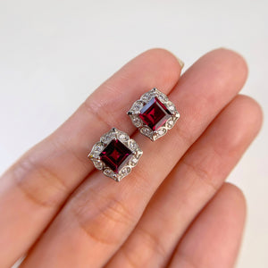 6 mm. Square Cut Purple African Rhodolite Garnet with Cz Accents Earrings