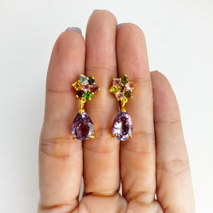 8 x 11 mm. Pear Cut Purple Uruguayan Amethyst and Tourmaline Drop Earrings (Blemished)