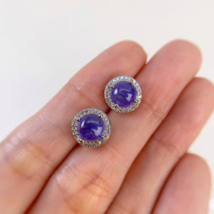 7 mm. Round Cabochon Blue Violet Tanzanite with Cz Halo Earrings (Blemished)