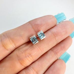 4 mm. Square Cut Sky Blue Brazilian Topaz Earrings