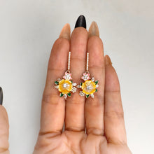 Load image into Gallery viewer, 10 mm. Carved Flower Yellow Mother of Pearl with Cz Accents Drop Earrings
