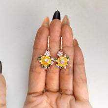 Load image into Gallery viewer, 10 mm. Carved Flower Yellow Mother of Pearl with Cz Accents Drop Earrings
