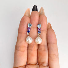 Load image into Gallery viewer, 9 mm. Freshwater Pearl, Topaz, Amethyst and Sapphire Drop Earrings
