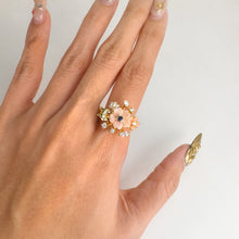 Load image into Gallery viewer, 10 mm. Carved Flower Pink Mother of Pearl with Cz and Enamel Accents Cluster Ring
