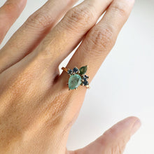 Load image into Gallery viewer, Handmade 6 x 8 mm. Pear Cut Green Zambian Emerald and Sapphire Cluster Ring
