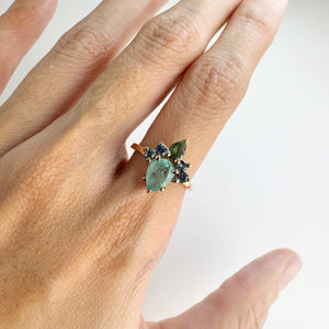 Handmade 6 x 8 mm. Pear Cut Green Zambian Emerald and Sapphire Cluster Ring