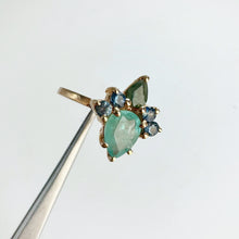 Load image into Gallery viewer, Handmade 6 x 8 mm. Pear Cut Green Zambian Emerald and Sapphire Cluster Ring
