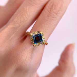 6 mm. Square Cut London Blue Brazilian Topaz with Cz Accents Ring