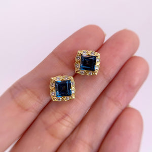 6 mm. Square Cut London Blue Brazilian Topaz with Cz Accents Earrings