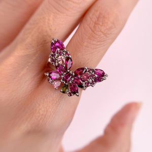 3 x 6 mm. Marquise Cut Purple African Rhodolite Garnet and Tourmaline Butterfly Ring (Blemished)