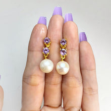 Load image into Gallery viewer, 10 mm. Freshwater Pearl and Amethyst Drop Earrings
