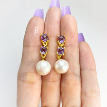 Load image into Gallery viewer, 10 mm. Freshwater Pearl and Amethyst Drop Earrings
