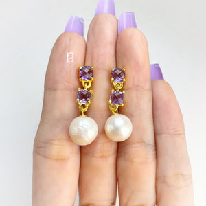 10 mm. Freshwater Pearl and Amethyst Drop Earrings