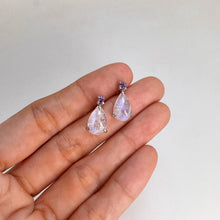 Load image into Gallery viewer, 8 x 12 mm. Pear Cabochon White Indian Moonstone with Amethyst Accents Earrings
