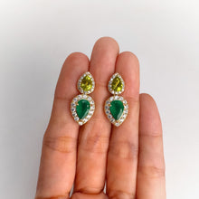 Load image into Gallery viewer, 6 x 9 mm. Pear Cut Green Botswana Agate and Peridot with Cz Halo Drop Earrings
