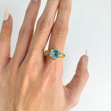 Load image into Gallery viewer, Handmade 9 mm. Carved Star Hexagon Cut Swiss Blue Brazilian Topaz with Peridot Accents Ring
