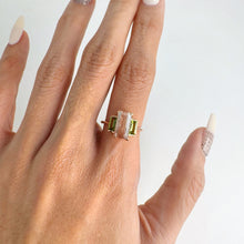 Load image into Gallery viewer, Handmade 5 x 10 mm. Octagon Cut Pink Bi-colour Nigerian Tourmaline and Peridot Trilogy Ring
