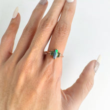 Load image into Gallery viewer, Handmade 3 x 8 mm. Baguette Cabochon Black Australian Opal and Sapphire Trilogy Ring
