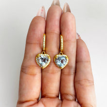 Load image into Gallery viewer, 8 mm. Heart Cut Sky Blue Brazilian Topaz with Cz Halo Drop Earrings
