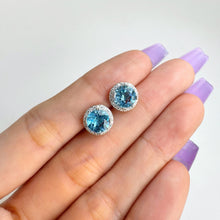 Load image into Gallery viewer, 7 mm. Round Cut Swiss Blue Brazilian Topaz with Cz Halo Earrings
