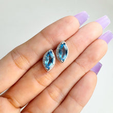 Load image into Gallery viewer, 5 x 10 mm. Marquise Cut Swiss Blue Brazilian Topaz with Cz Halo Earrings
