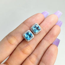 Load image into Gallery viewer, 7 mm. Cushion Cut Swiss Blue Brazilian Topaz with Cz Halo Earrings
