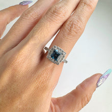 Load image into Gallery viewer, 6 mm. Square Cut London Blue Brazilian Topaz with Cz Halo Ring
