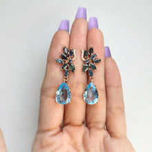 Load image into Gallery viewer, 10 x 14 mm. Pear Cut Sky Blue Brazilian Topaz and Sapphire with Cz Accents Drop Earrings (Blemished)
