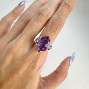 Handmade 12 x 16 mm. Carved Marquise Cut Purple Brazilian Amethyst and Topaz Trilogy Ring Cut White Brazilian Topaz Trilogy Ring