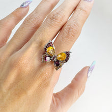 Load image into Gallery viewer, 6 x 9 mm. Pear Cut Yellow Brazilian Citrine and Rhodolite Garnet with Sapphire Accents Butterfly Ring
