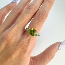 Load image into Gallery viewer, Handmade 8 mm. Octagon Cut Green Pakistani Peridot and Sapphire Trilogy Ring
