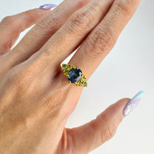 Load image into Gallery viewer, Handmade 7 x 9 mm. Oval Cut Blue African Sapphire and Peridot Cluster Ring
