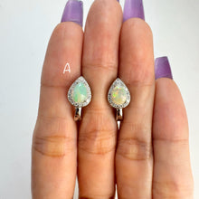 Load image into Gallery viewer, 5 x 7 mm. Pear Cabochon Multi-coloured Ethiopian Opal with Cz Halo Earrings

