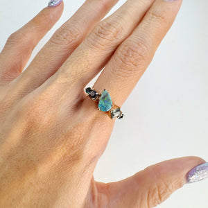 Handmade 6 x 9 mm. Freeform Black Lightning Ridge Australian Opal, Spinel and Sapphire Cluster Ring