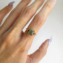 Load image into Gallery viewer, Handmade 6 x 7 mm. Octagon Cut Green Zambian Emerald with Ruby Accents Ring
