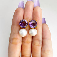 Load image into Gallery viewer, 10 mm. Freshwater Pearl and Amethyst Two-way Drop Earrings
