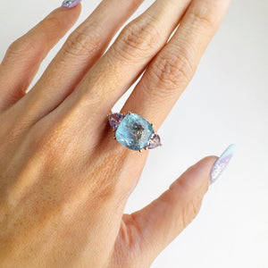 Handmade 11 mm. Cushion Cut Blue Brazilian Aquamarine and Amethyst Trilogy Ring