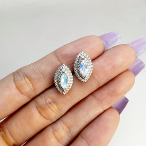 3.5 x 7 mm. Marquise Cut White Indian Moonstone with Cz Halo Earrings